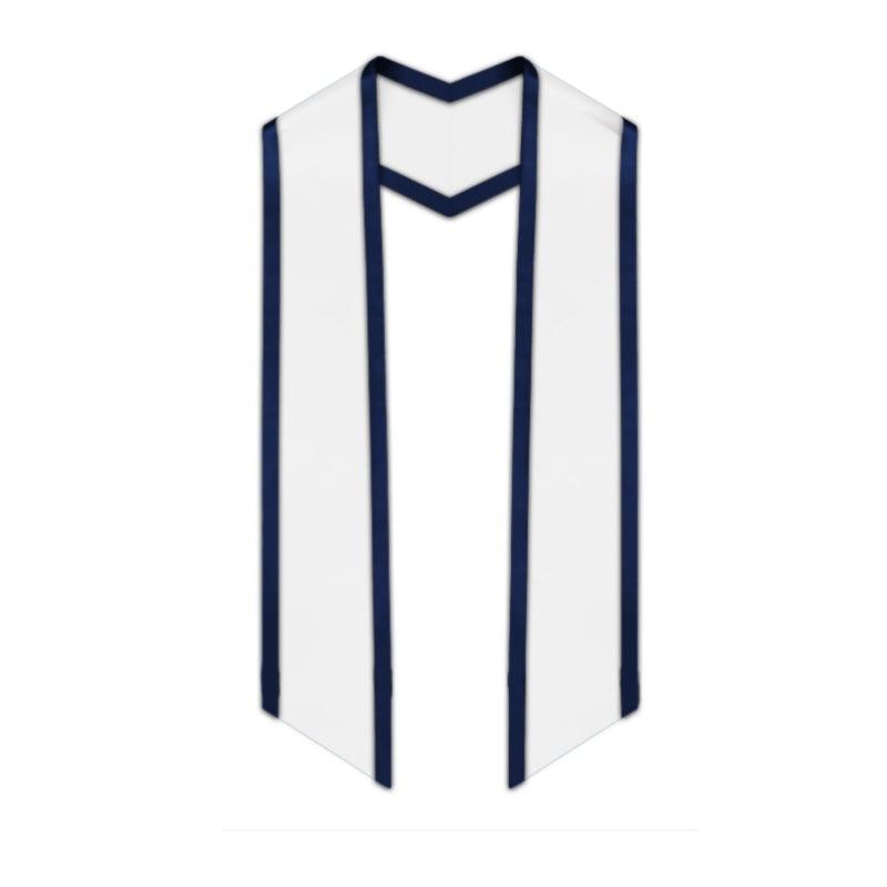 White Slanted Graduation Stole with Navy Blue Trim - Graduation Seller