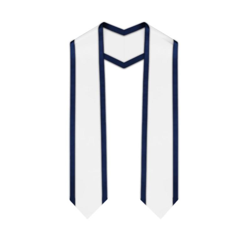 White Pointed Graduation Stole with Navy Blue Trim - Graduation Seller