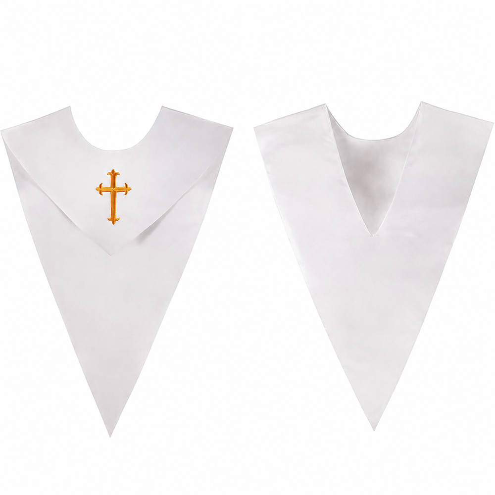 Gold V-Shape Choir Stole with Embroidered Cross - Front and Back