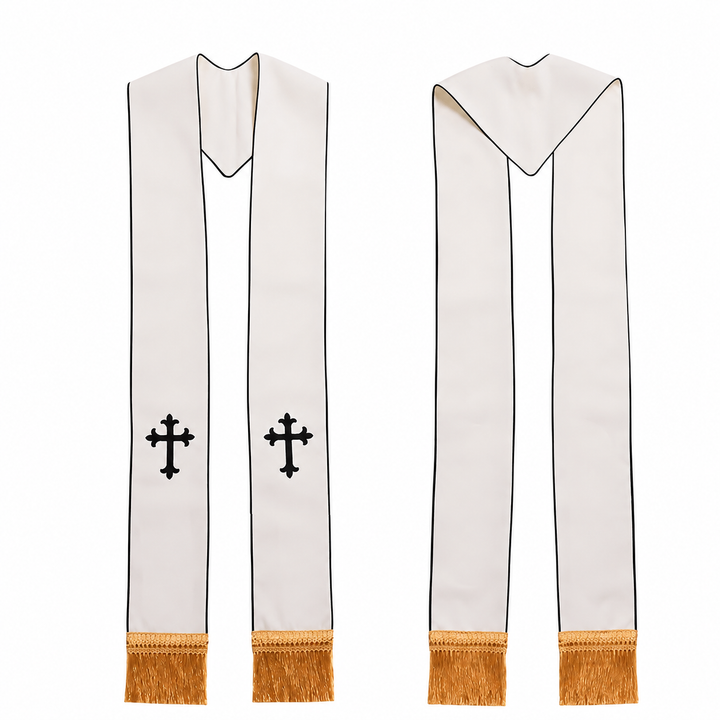 White clergy stole with black cross embroidery and gold fringe, drape and yoke style