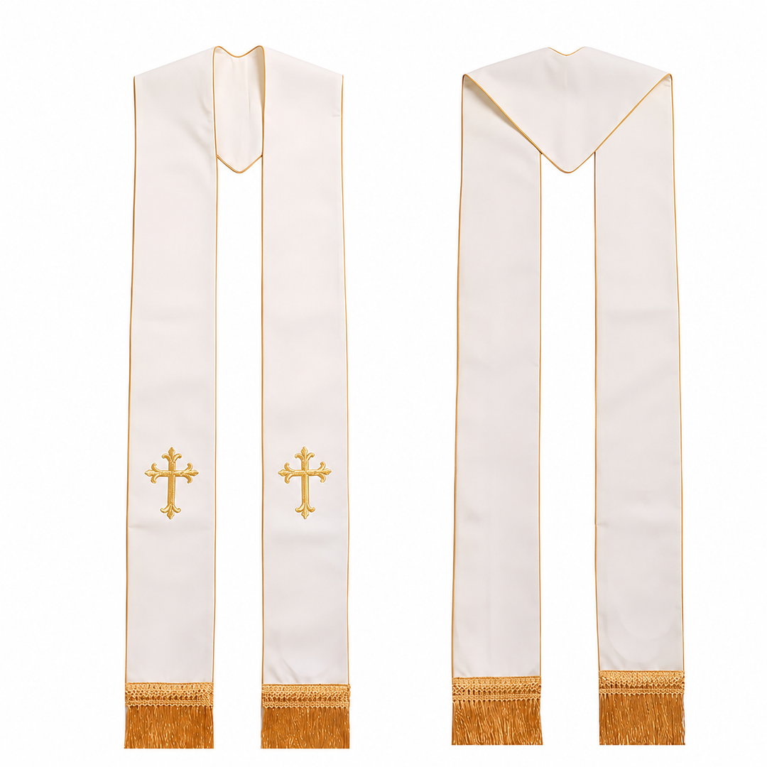 White clergy stole with gold cross embroidery and gold fringe, drape and yoke style