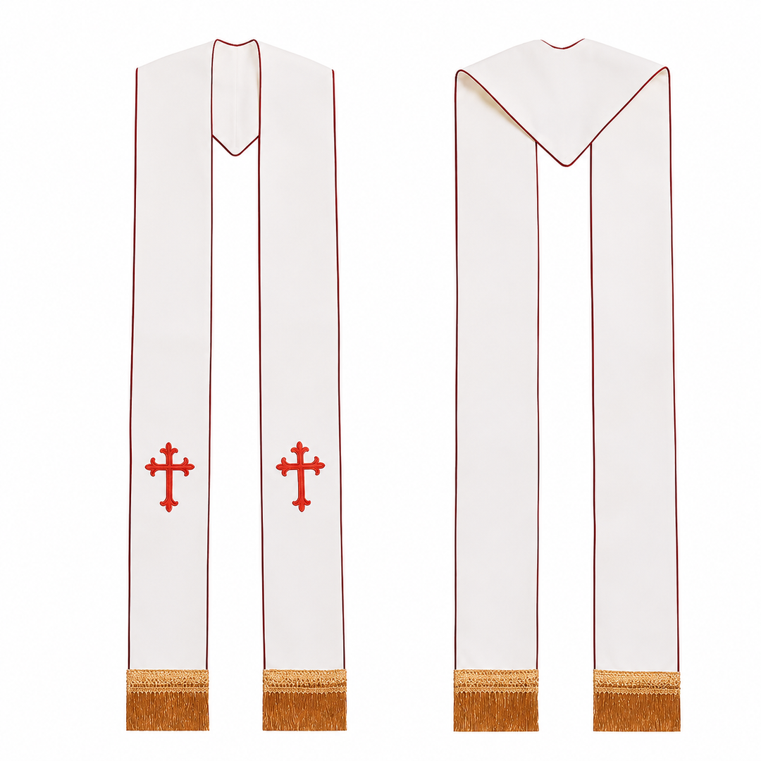 White clergy stole with red cross embroidery and gold fringe, drape and yoke style