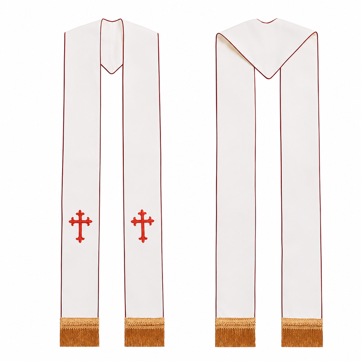 White clergy stole with red cross embroidery and gold fringe, drape and yoke style