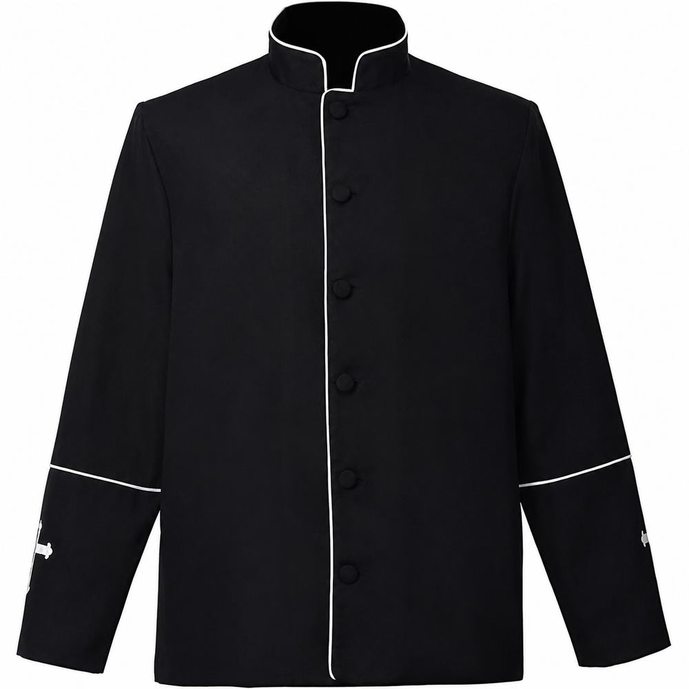 White clergy mandarin collar jacket with gold trim and cross embroidery on cuffs