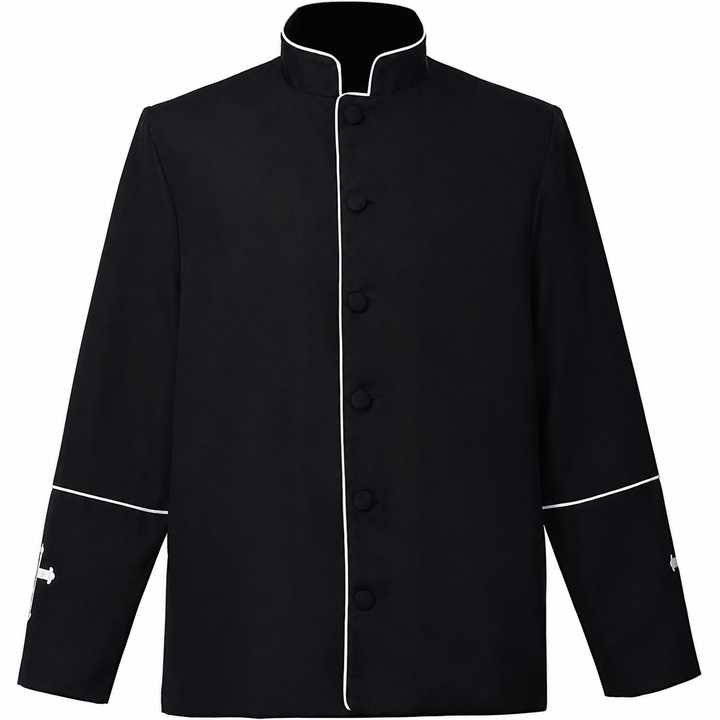 White clergy mandarin collar jacket with gold trim and cross embroidery on cuffs