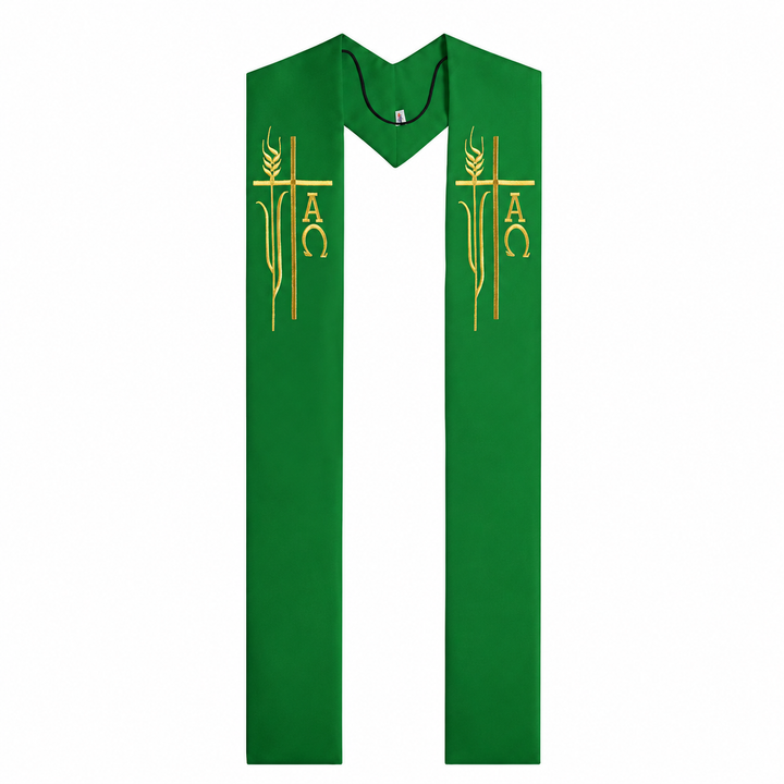 Green clergy stole with Alpha Omega cross wheat gold embroidery, V-neck hanging design, front view, white background