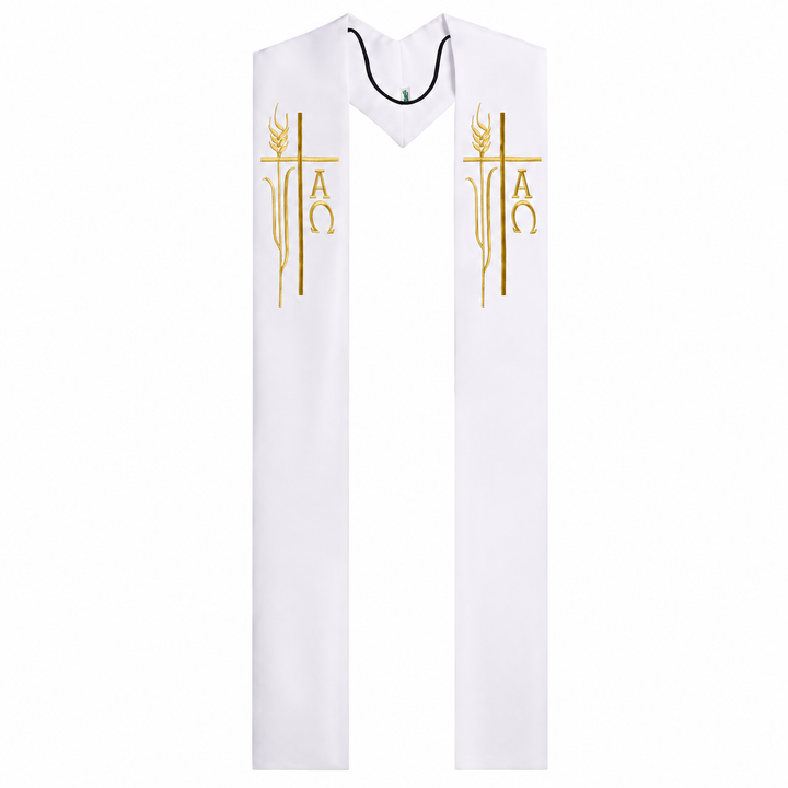 White clergy stole with Alpha Omega cross wheat gold embroidery, V-neck hanging design, front view, white background