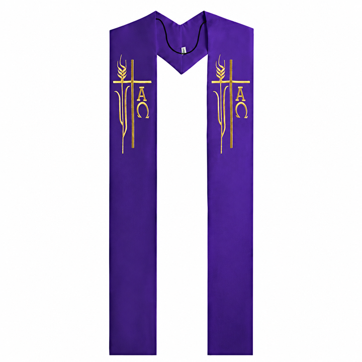Purple clergy stole with Alpha Omega cross wheat gold embroidery, V-neck hanging design, front view, white background