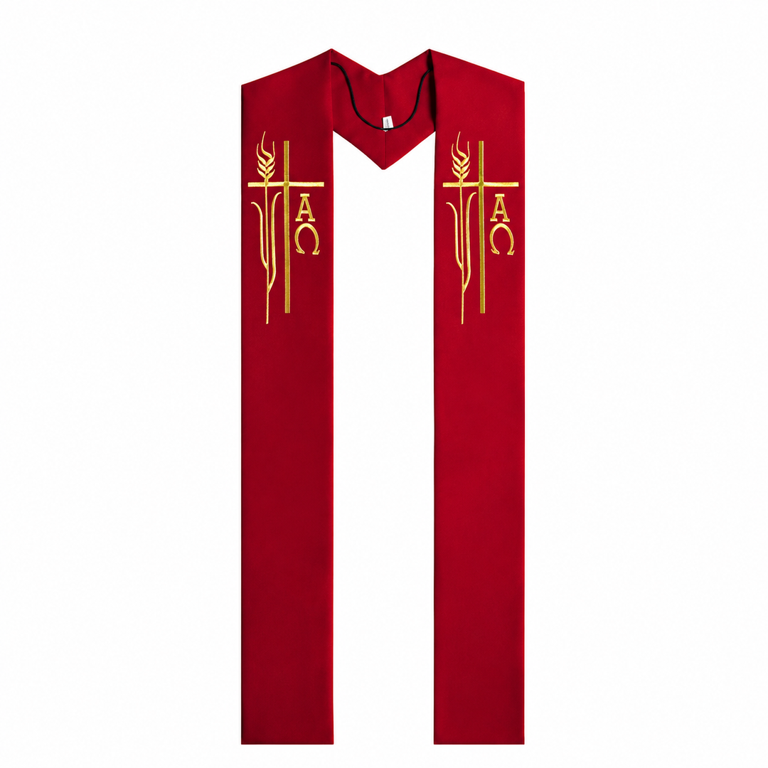 Red clergy stole with Alpha Omega cross wheat gold embroidery, V-neck hanging design, front view, white background