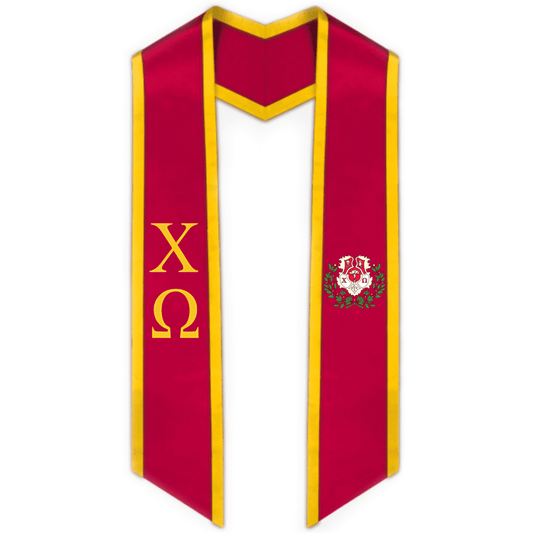Chi Omega Trimmed Greek Lettered Graduation Stole w/ Crest - Graduation Seller