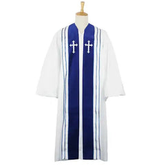 White & Royal Blue Stripe Choir Robe | Dual White Cross | Church Gospel Stage Cosplay MC | M-XXXL | 800g