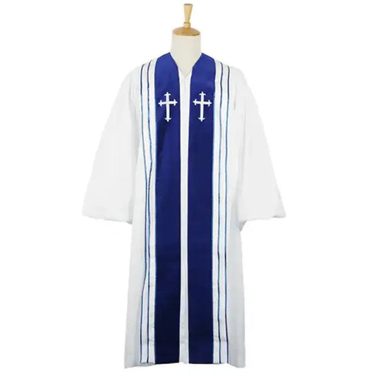 White choir robe with royal blue center stripe, dual white cross embroidery badges, black pinstripe borders, wide 3/4 sleeves, front view on mannequin, white background