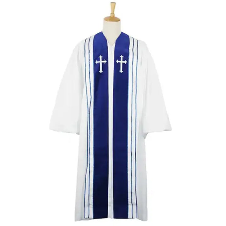 White choir robe with royal blue center stripe, dual white cross embroidery badges, black pinstripe borders, wide 3/4 sleeves, front view on mannequin, white background