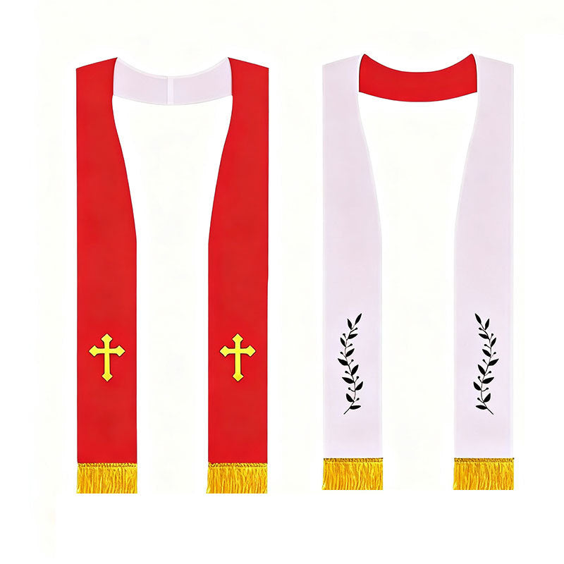 Reversible clergy stole red side with gold cross embroidery and white side with black olive branch embroidery, gold fringe, white background