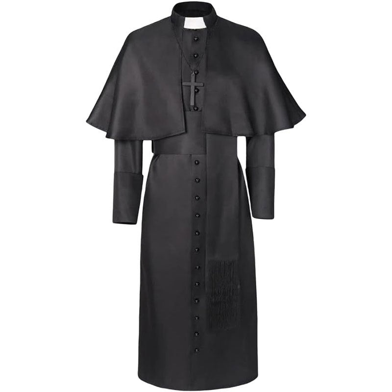 Black clergy cape cassock robe set with shoulder cape, waist belt and black cross necklace, front view, white background