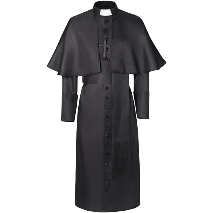 Black clergy cape cassock robe set with shoulder cape, waist belt and black cross necklace, front view, white background
