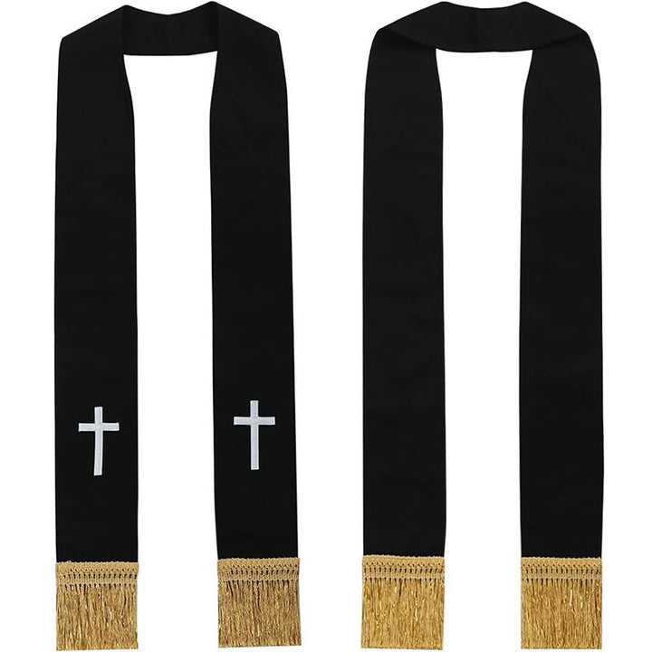 Black clergy stole with white simple Latin cross embroidery and gold fringe, front and back view, white background