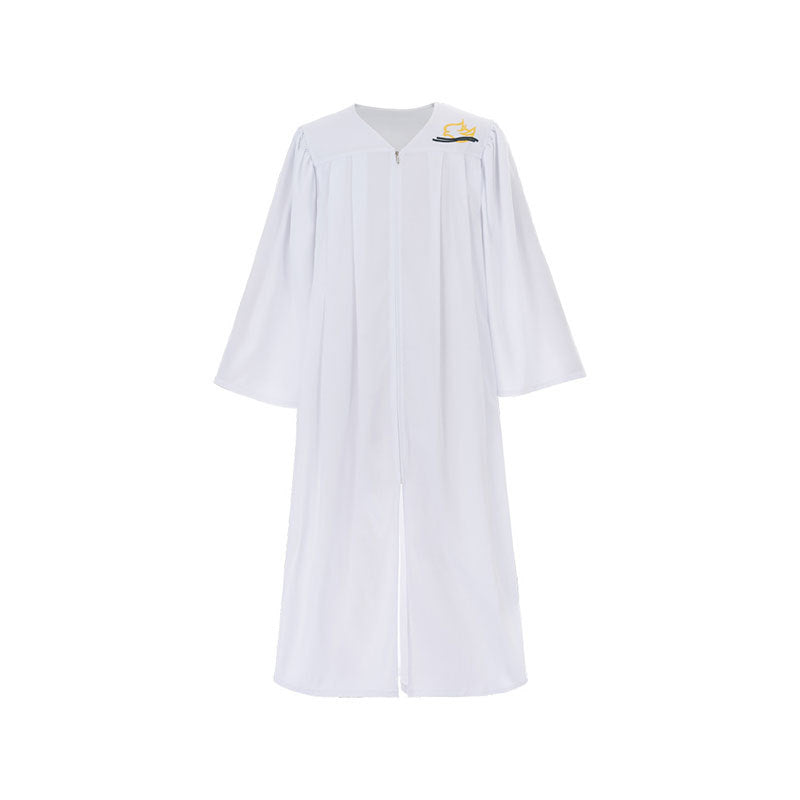 White satin choir graduation gown flat lay on white background, V-neck zipper, wide bell sleeves, gold dove and wave embroidery badge on left shoulder, center front split