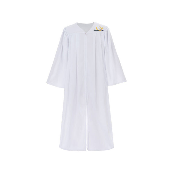 White satin choir graduation gown flat lay on white background, V-neck zipper, wide bell sleeves, gold dove and wave embroidery badge on left shoulder, center front split