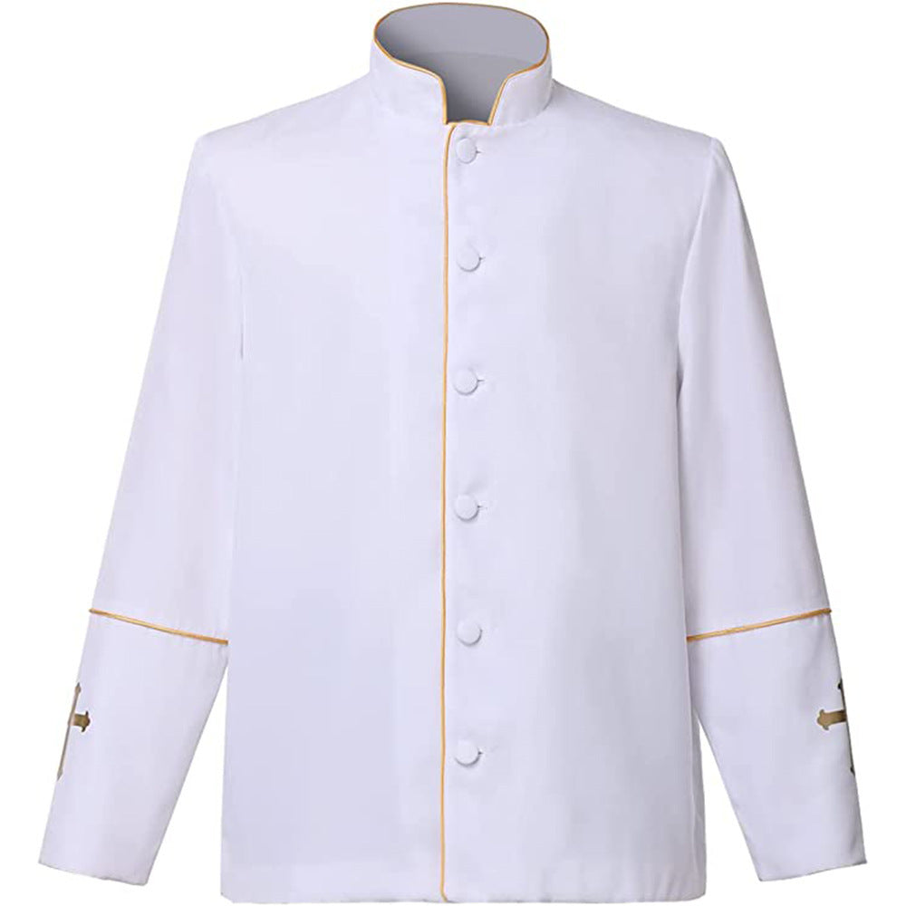 Black clergy mandarin collar jacket with gold trim and cross embroidery on cuffs