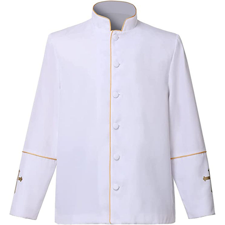 Black clergy mandarin collar jacket with gold trim and cross embroidery on cuffs