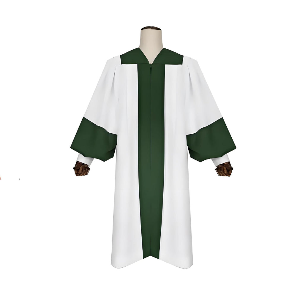 White and green choir robe with bell sleeves on mannequin, green V-neck yoke collar, green center front stripe, square green cuff panels, front view, white background