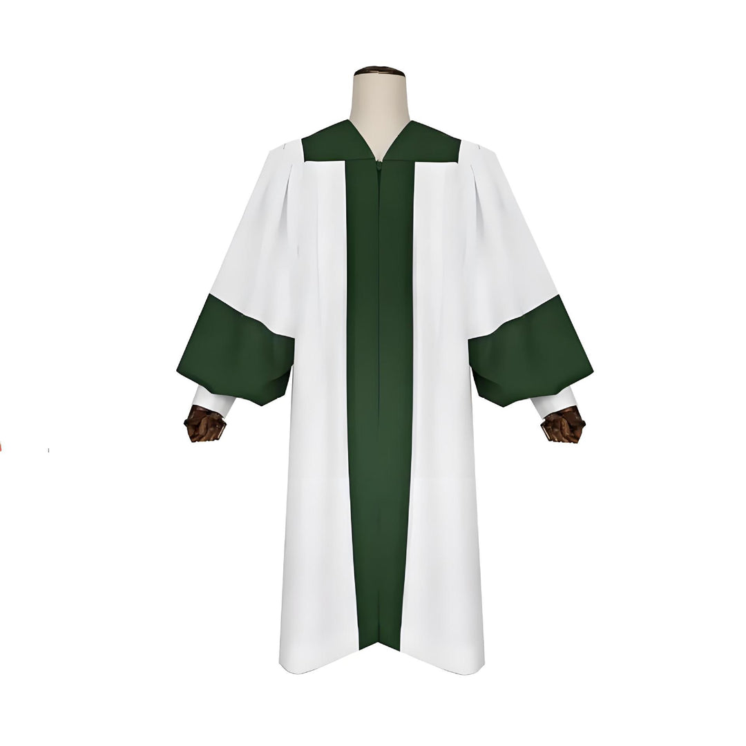 White and green choir robe with bell sleeves on mannequin, green V-neck yoke collar, green center front stripe, square green cuff panels, front view, white background