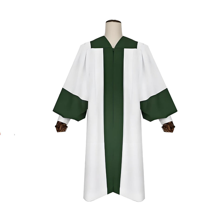 White and green choir robe with bell sleeves on mannequin, green V-neck yoke collar, green center front stripe, square green cuff panels, front view, white background