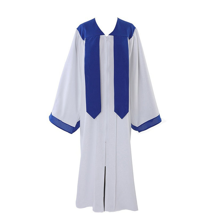 White and royal blue two-tone choir robe with yoke stripe and cuff trim, front zipper, product flat view, white background