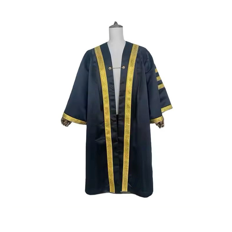Black clergy choir robe with ornate gold front trim and three gold sleeve stripes, front view on mannequin, white background