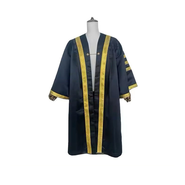 Black clergy choir robe with ornate gold front trim and three gold sleeve stripes, front view on mannequin, white background