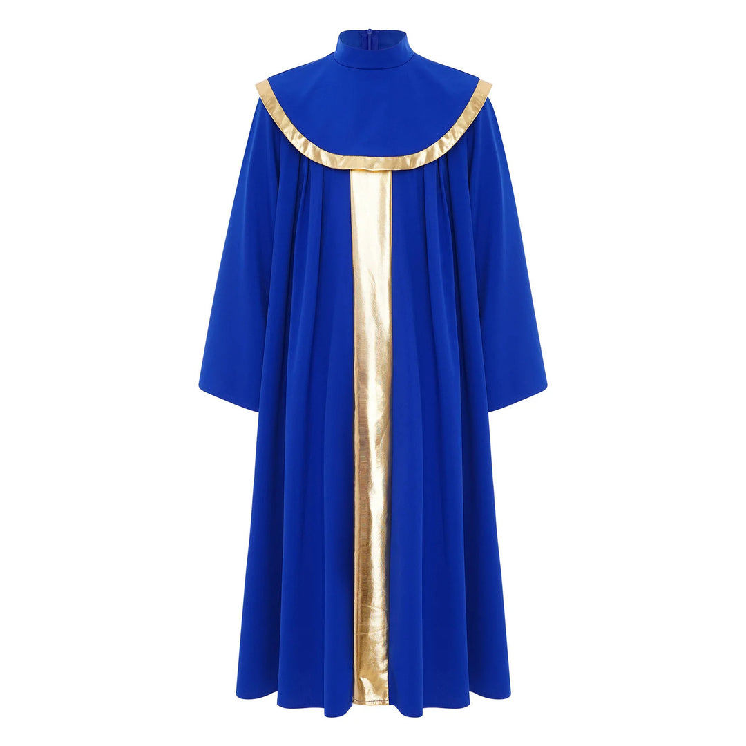 Red children's choir robe with gold center stripe and gold cape collar trim, front view, white background