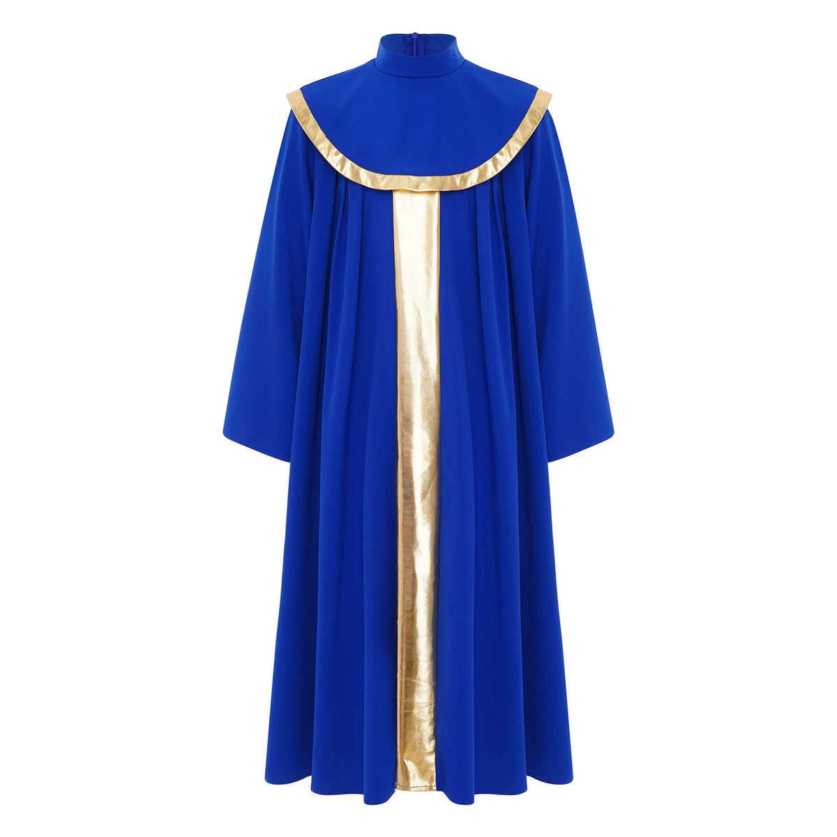 Red children's choir robe with gold center stripe and gold cape collar trim, front view, white background
