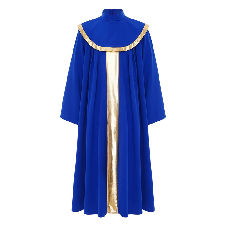 Red children's choir robe with gold center stripe and gold cape collar trim, front view, white background