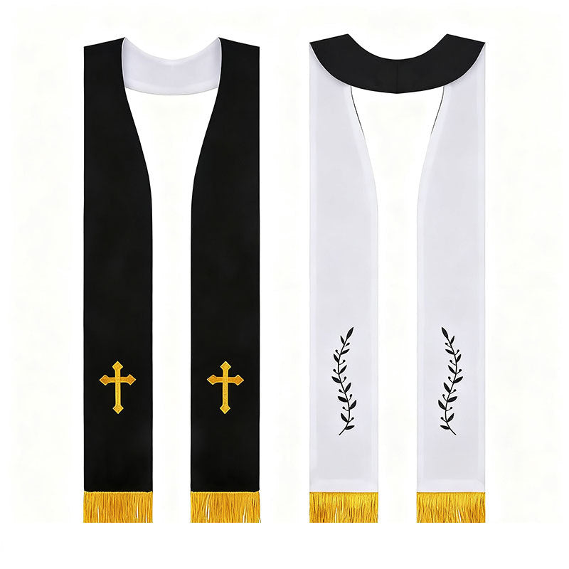 Reversible clergy stole black side with gold cross embroidery and white side with black olive branch embroidery, gold fringe, white background