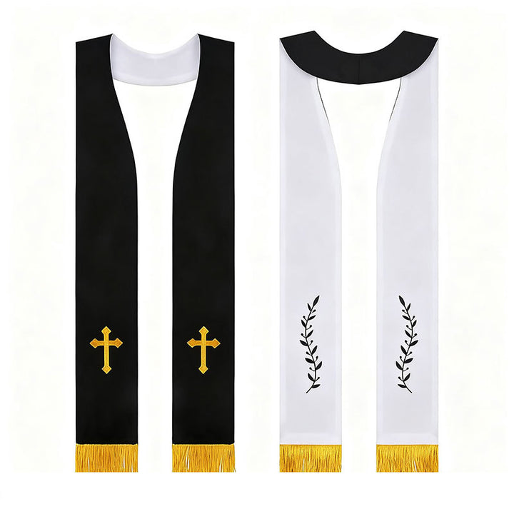 Reversible clergy stole black side with gold cross embroidery and white side with black olive branch embroidery, gold fringe, white background