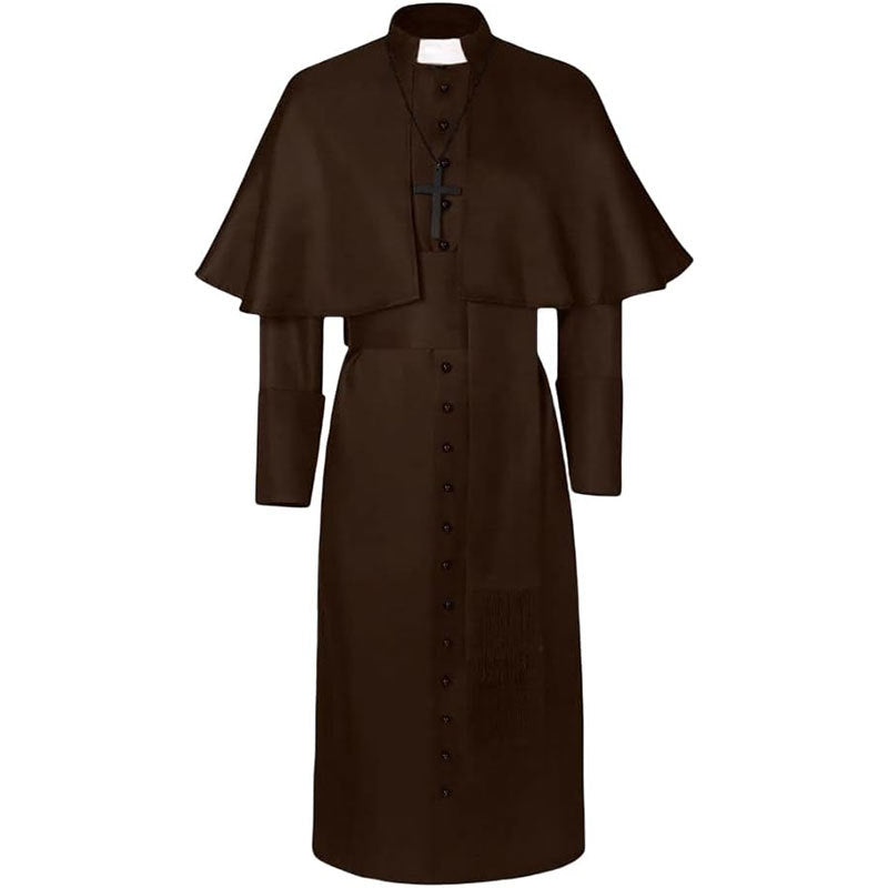 Dark brown clergy cape cassock robe set with shoulder cape, waist belt and black cross necklace, front view, white background