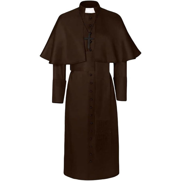 Dark brown clergy cape cassock robe set with shoulder cape, waist belt and black cross necklace, front view, white background