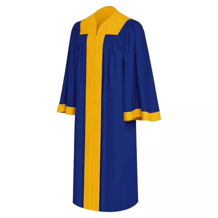 Royal blue two-tone choir robe with gold contrast yoke and cuff trim, front view