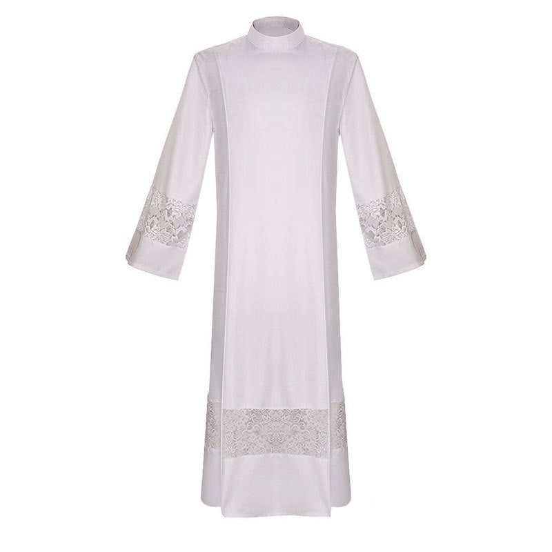 Style B white liturgical alb robe with wide white lace panel trim at cuffs and lower hem, stand collar, white background
