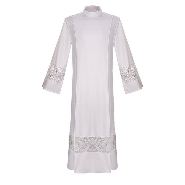 Style B white liturgical alb robe with wide white lace panel trim at cuffs and lower hem, stand collar, white background