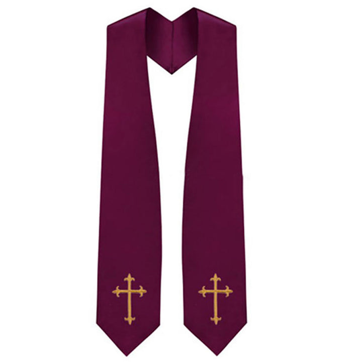 Maroon clergy graduation stole with gold cross embroidery on both panels