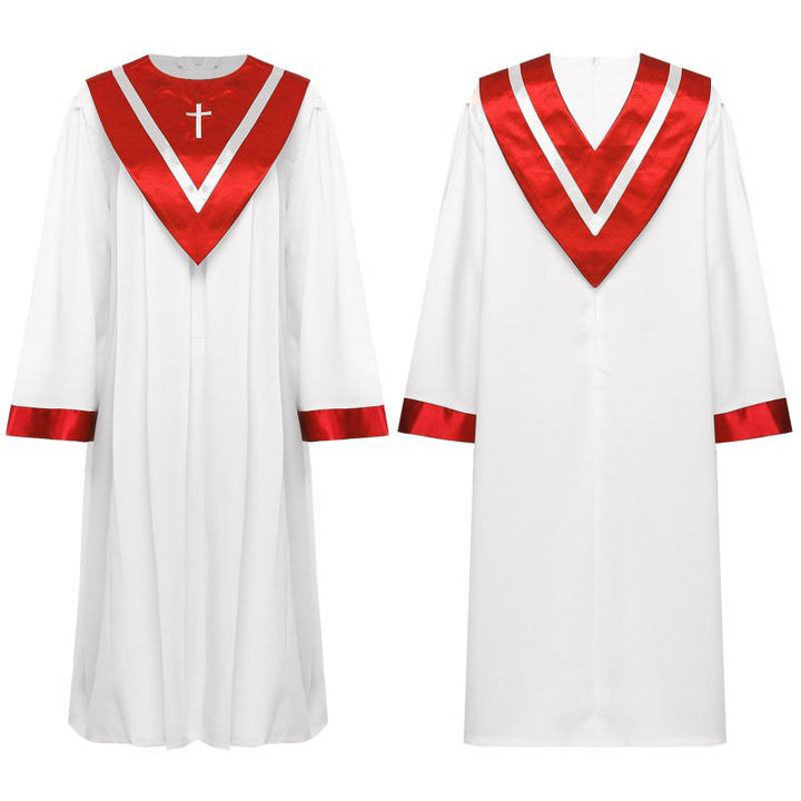 White and Red Adult Choir Robe with Embroidered Cross - Front and Back