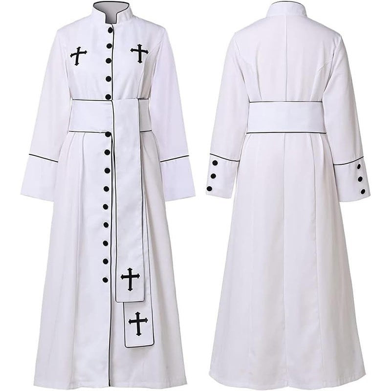 White clergy cassock robe front and back view showing stand collar, black button front, black cross embroidery on chest, black piping trim, waist belt, hanging stole with cross embroidery, flared cuffs with black buttons, white background