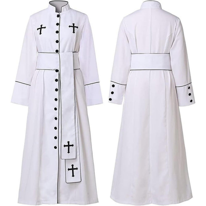 White clergy cassock robe front and back view showing stand collar, black button front, black cross embroidery on chest, black piping trim, waist belt, hanging stole with cross embroidery, flared cuffs with black buttons, white background