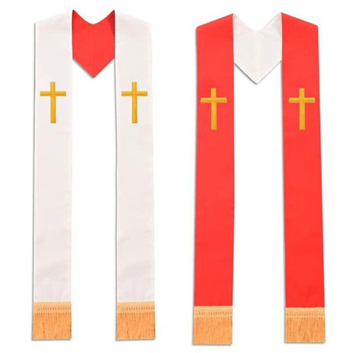 Black White Reversible Clergy Stole with Gold Cross and Olive Branch Embroidery