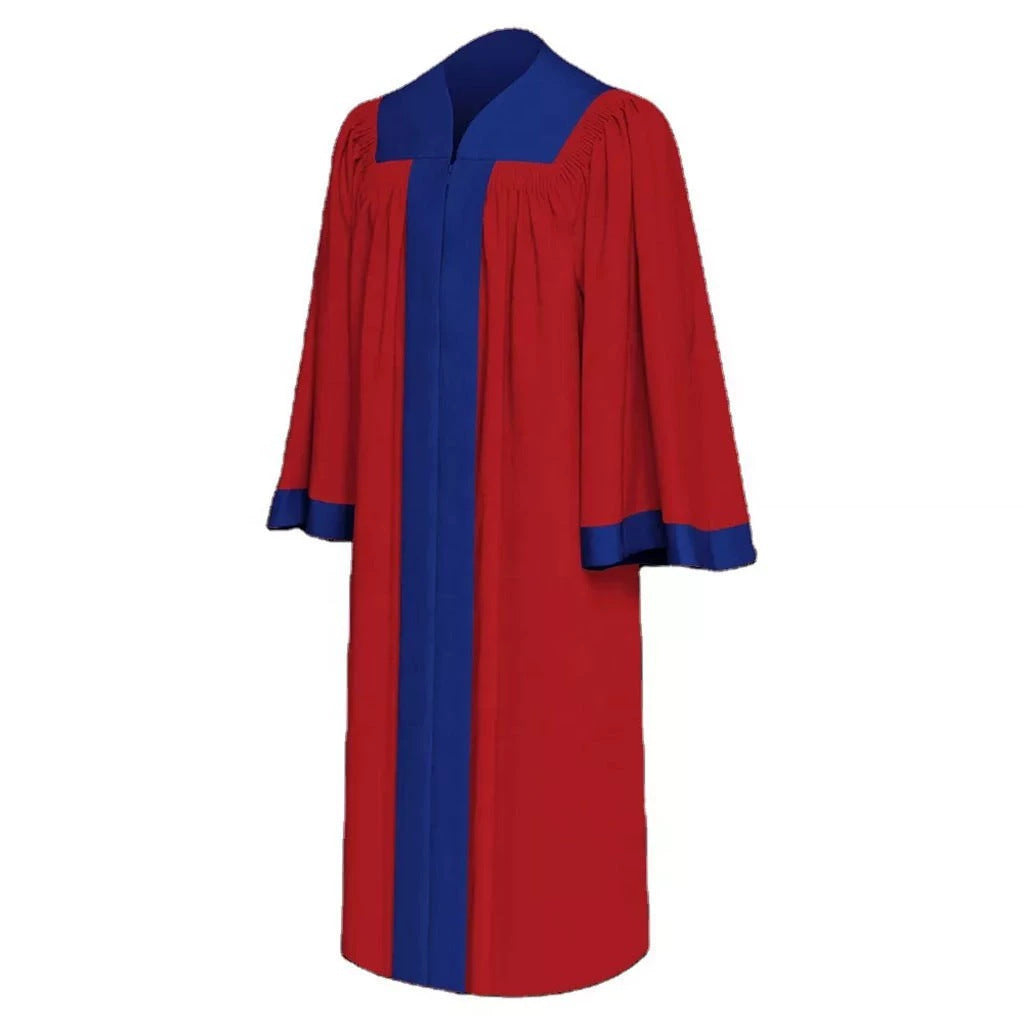 Red two-tone choir robe with royal blue contrast yoke and cuff trim, front view