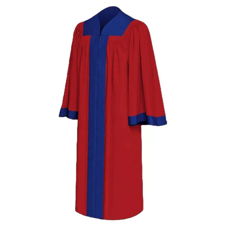 Red two-tone choir robe with royal blue contrast yoke and cuff trim, front view