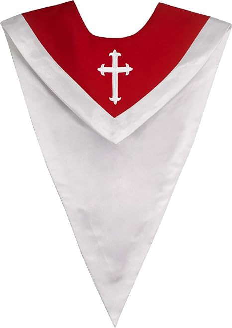 White and red two-tone V-shaped choir stole with cross embroidery on red yoke, product flat lay, white background