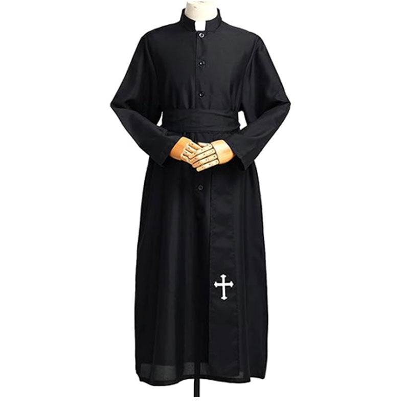 Black Catholic cassock robe with white clerical collar insert, front buttons, black waist sash, and white cross embroidery at lower hem